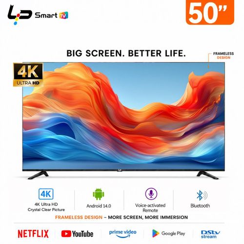 LP LP LP Smart TV 50-Voice Bluetooth Remote-4K UHD-Android 14.0-1.5+8G-Frameless-WiFi+Bluetooth-3 HDMI + 2 USB+ 1 year warranty - Black