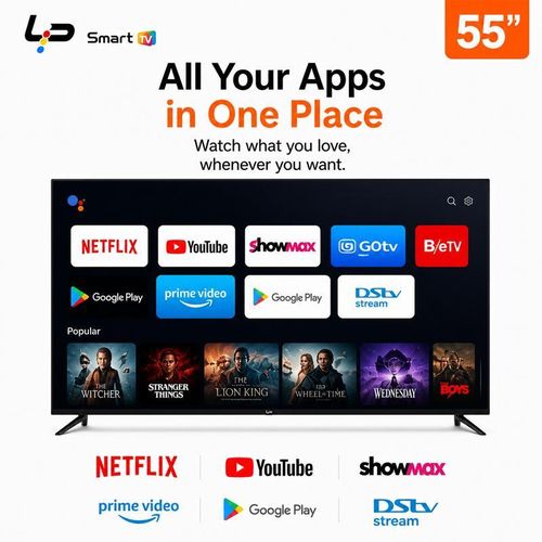 LP LP Smart TV 55-Voice Bluetooth Remote-4K UHD-Android 14.0-1.5+8G-Frameless-WiFi+Bluetooth-3 HDMI + 2 USB+ 1 year warranty - Black