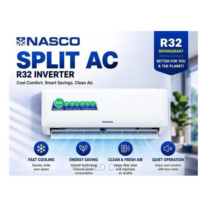 Nasco Nasco 1.5HP Split Inverter Air Conditioner – 12,000 BTU – Smart Inverter Energy Saver – Eco R32 Gas – 100% Copper – White